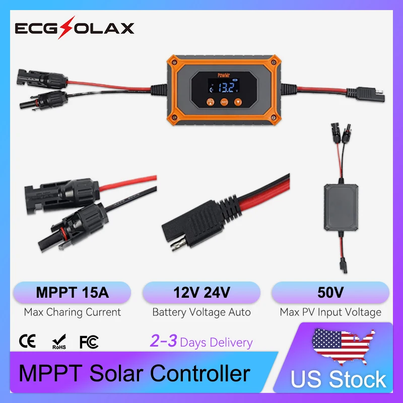 

ECG MPPT 15A Solar Charge Controller 12V/24V AGM Gel Floodied Lithium Batteries 50V Power Bank 180W-360W PV Charge LED Display