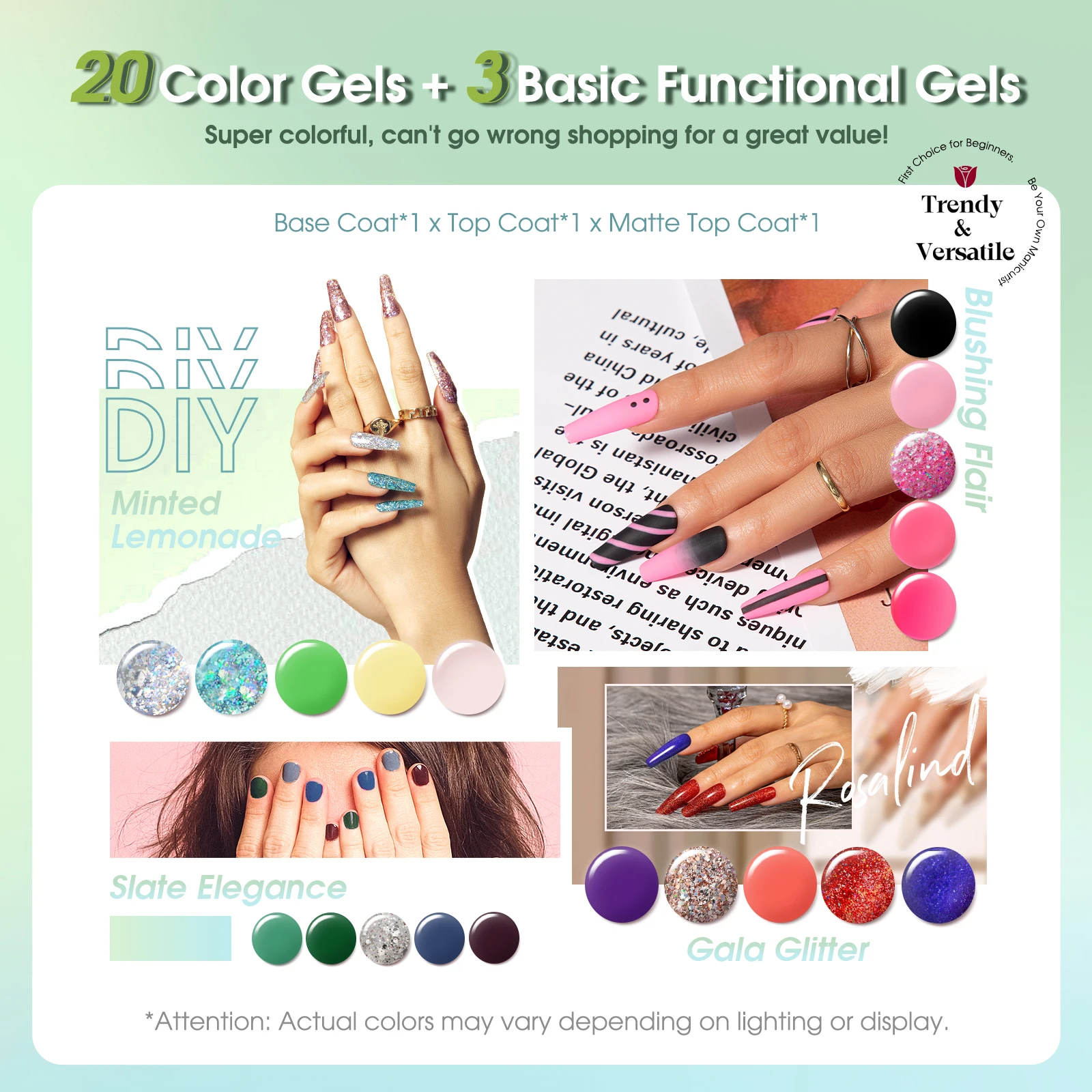 ROSALIND Nail Art Pure 20 Colors  Gel Nail Polish Set with Base Top Coat Set Soak Off Hybrid Semi Permanent Gel Varnishes