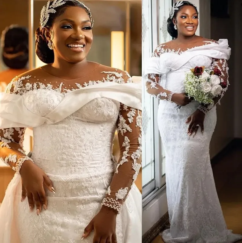 Customized Sheer Neck Shinny Beads Appliques Mermaid Bridal Dress Vestidos De Novia  Vintage  Wedding Gowns with Removable Skirt