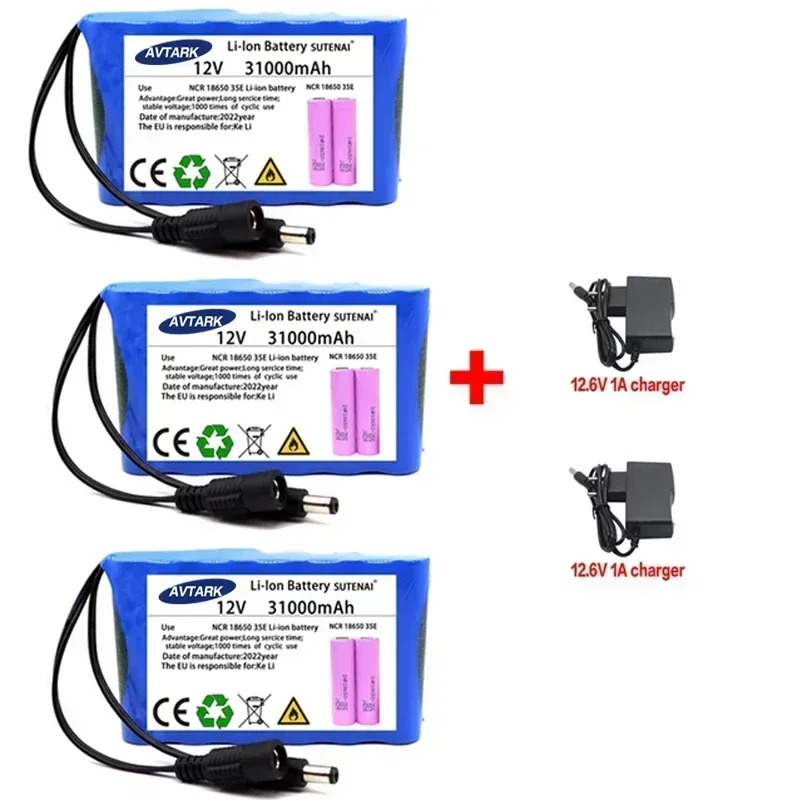 18650 3S2P 12V 31000mah Original Lithium Ion Battery DC 12.6V 31Ah Rechargeable CCTV, Camera Monitor Replacement Battery+Charger