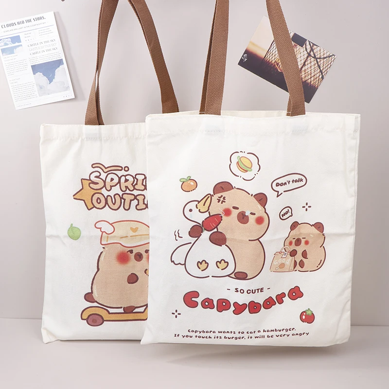 Cartoon Capybara Print Canvas Tote Bag Organizer Reusable Women's Eco Friendly Portable Shopping HandBag Cute Shoulder Bags