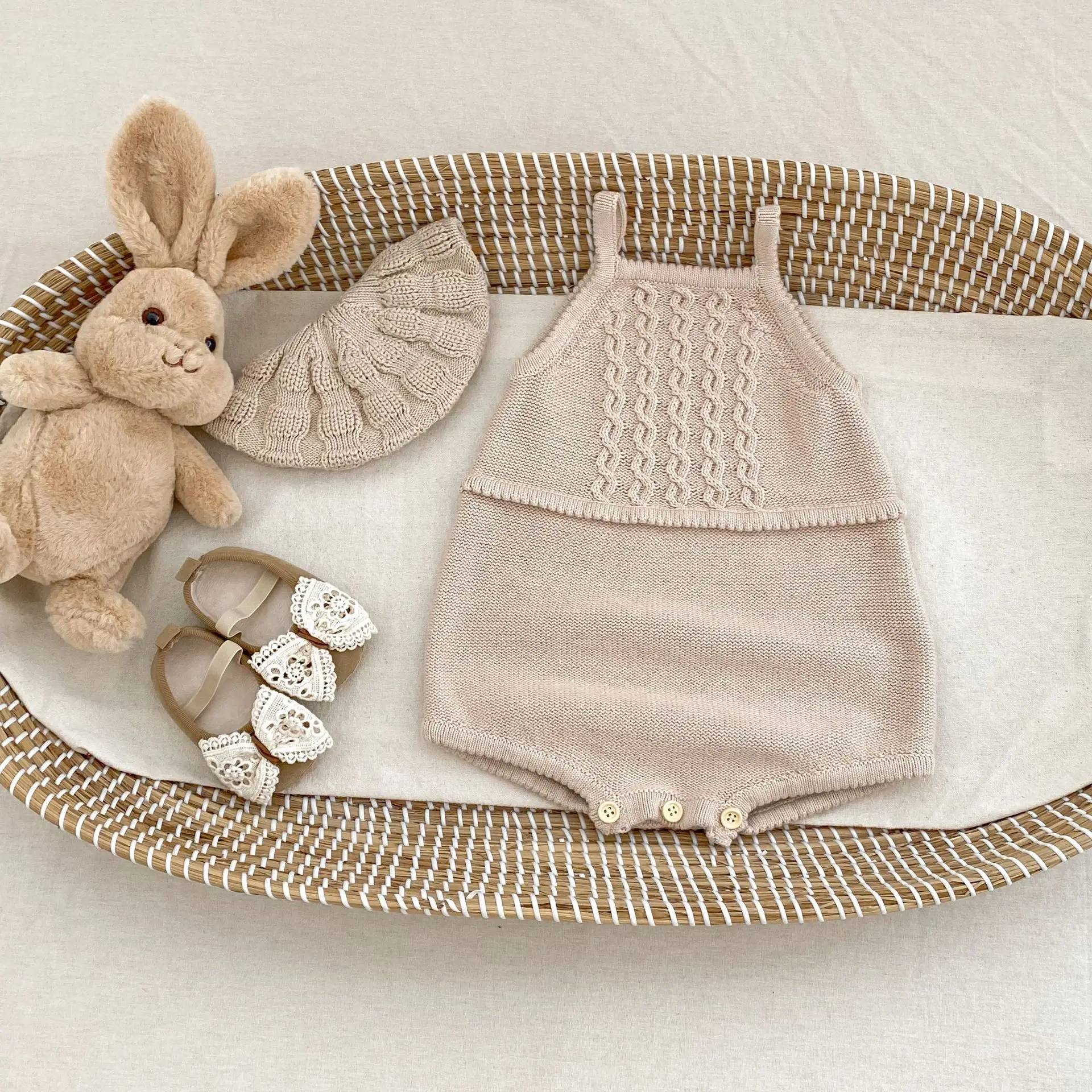 Straps Cable Baby Romper Knitted Infant Jumpsuit Cream Cotton Toddler Playsuit