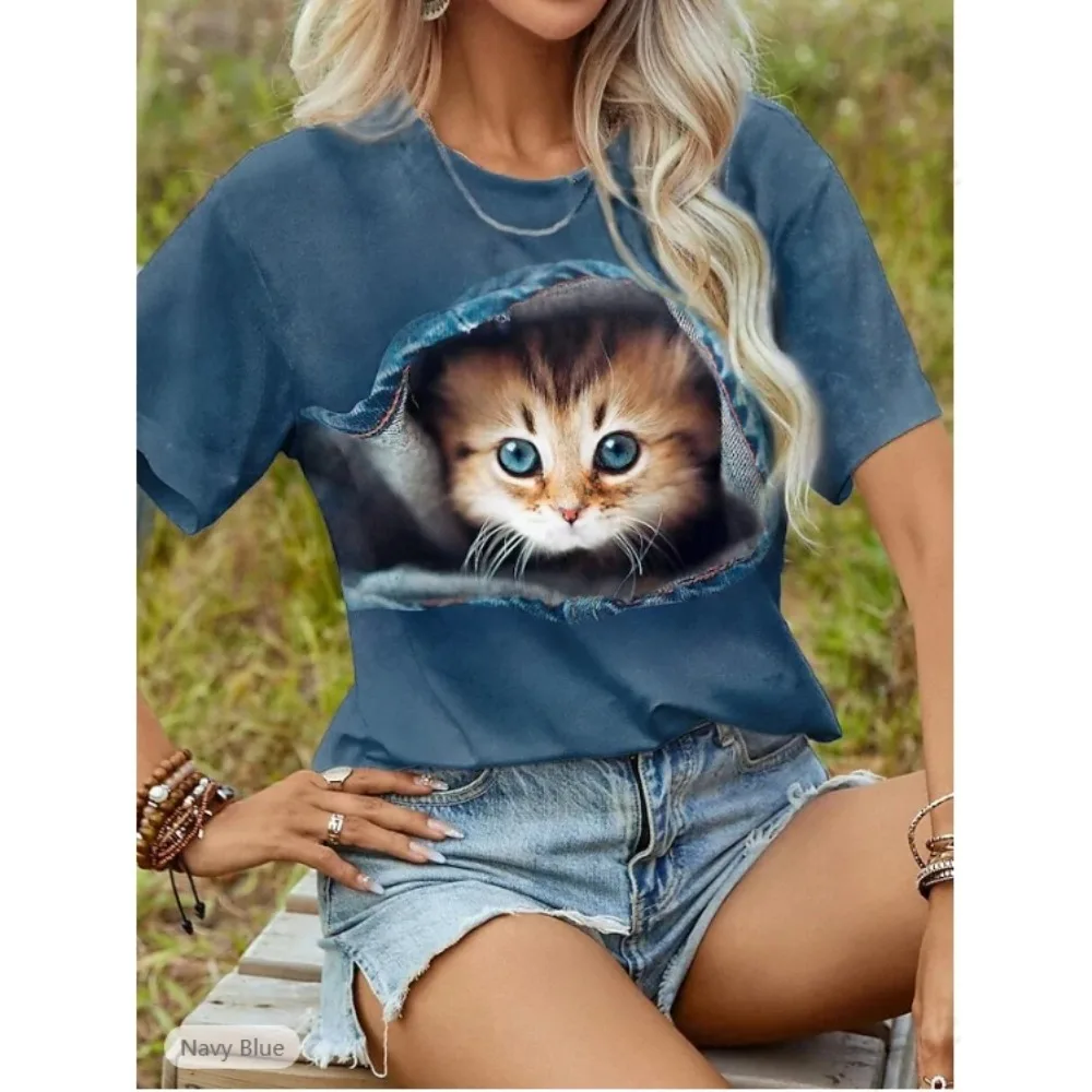 Kaos Grafis 3D Gambar Kucing Lucu Wanita Fashion Kasual O-Neck Oversized Lengan Pendek Kaos Hewan Atasan Desainer Pakaian