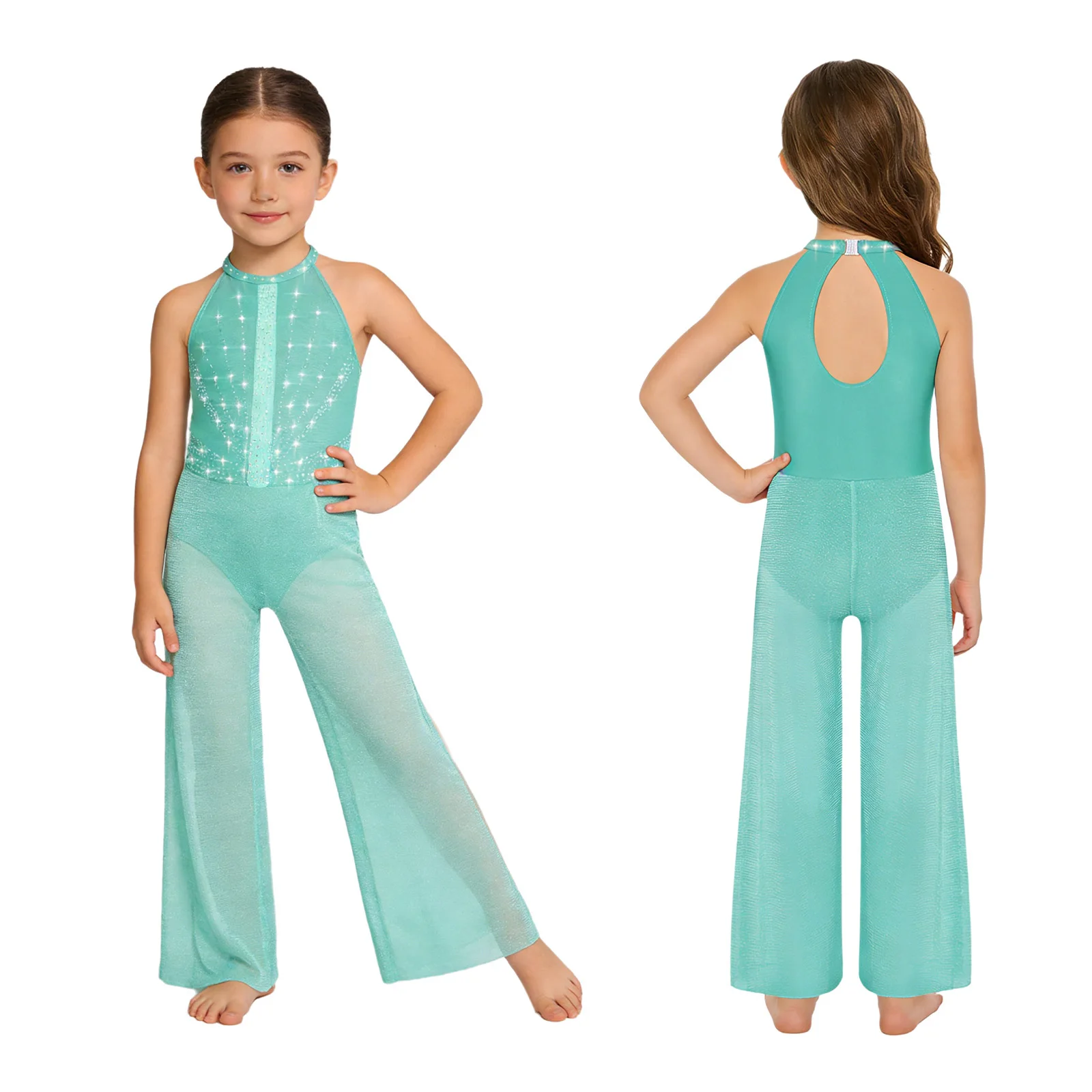 Kinderen Meisjes Moderne Lyrische Dans Jumpsuit Glanzende Strass Mesh Split Wijde Pijpen Bodysuit Ballet Gymnastiek Schaatsen Kostuum - afbeelding 1