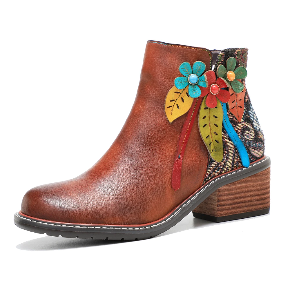 Three-Dimensional Floral Retro Casual Comfortable Thick Heel Lady Short Boot Shoes Genuine Leather Hand-Painted Women Ankle Boot