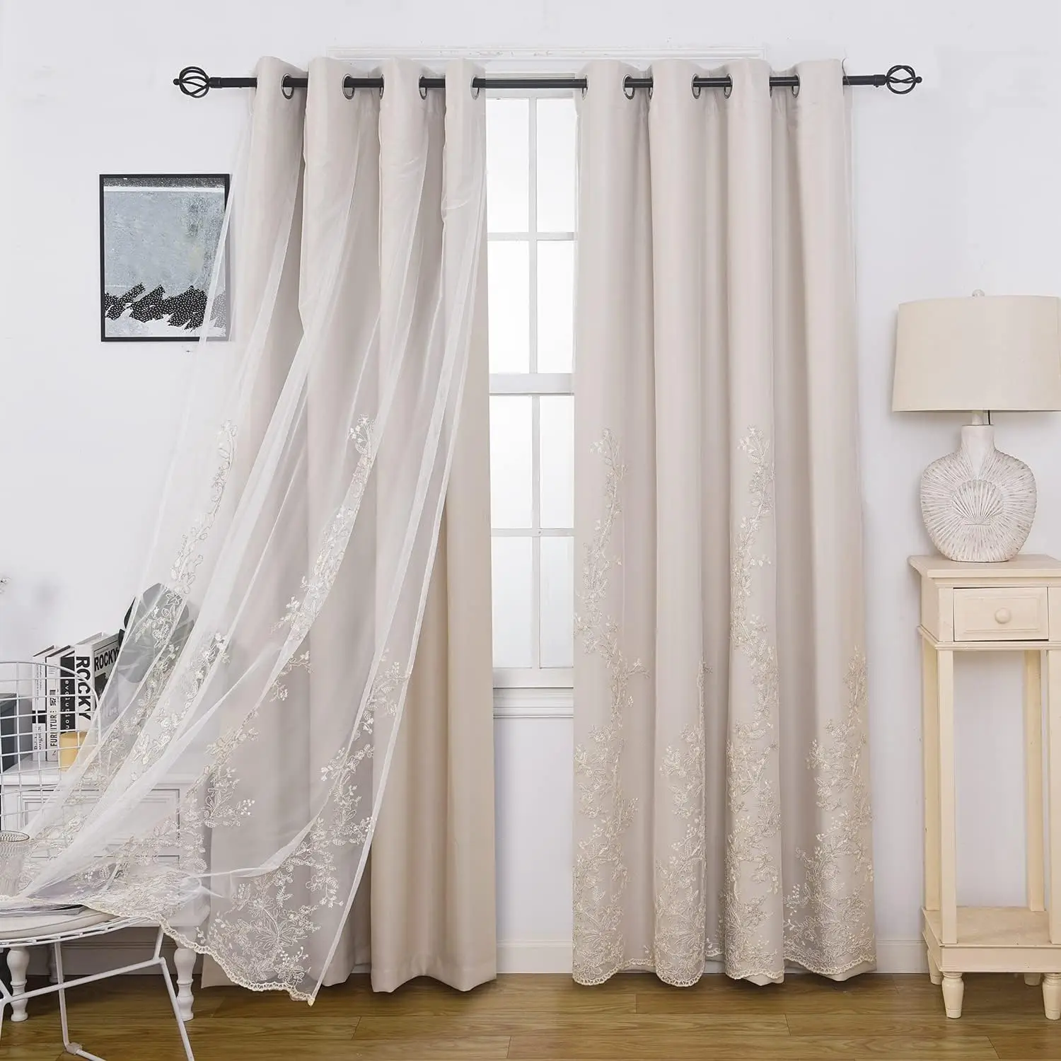 

Double Layered Curtains with Embroidered White Sheer Tulle, Room Darkening Grommet Top Curtains Drapes, 2Panels