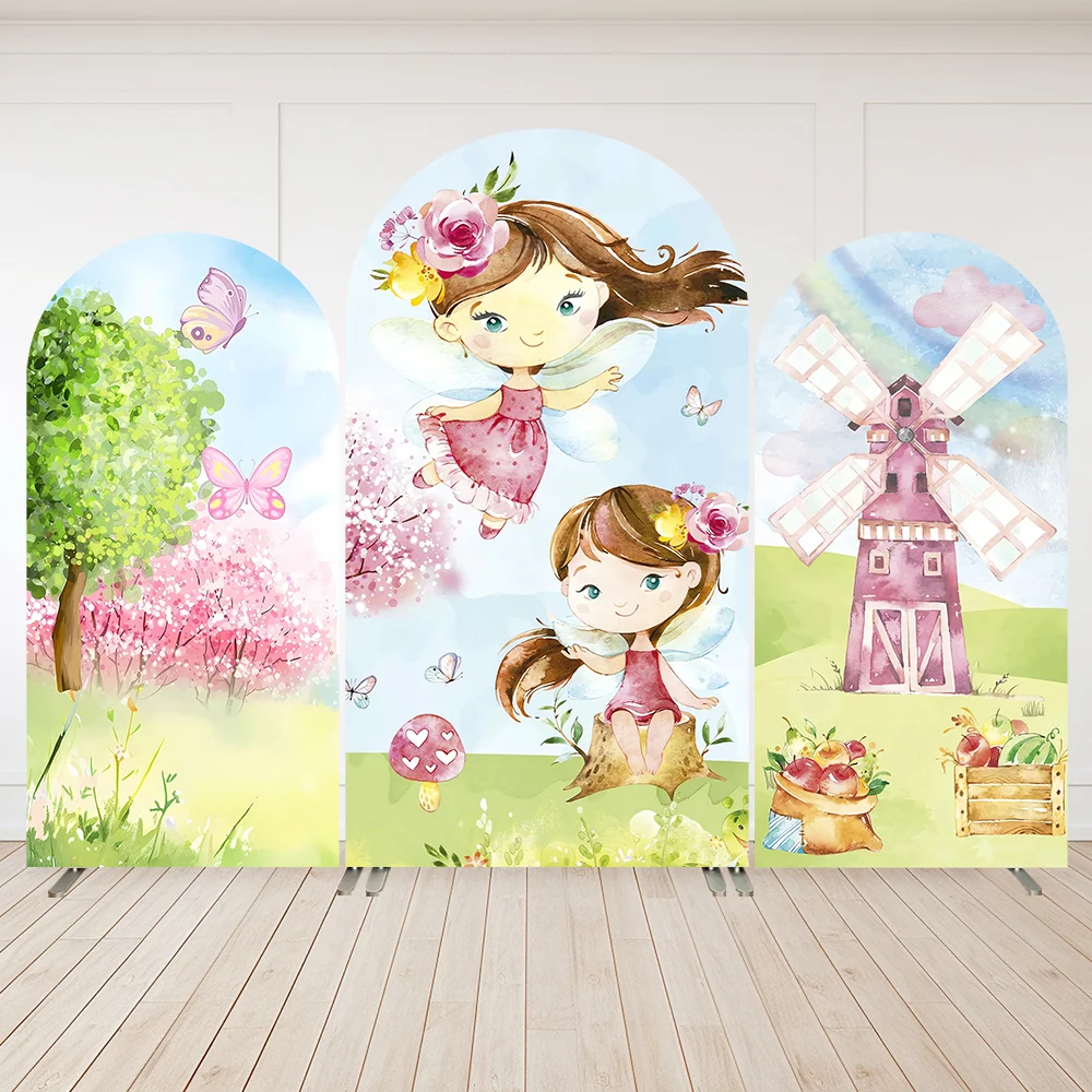 Butterfly Fairy Garden Girls Birthday Arch Wall Panels Backdrops Pink Floral Mushroom Door Baby Shower Arched Cover Party Banner