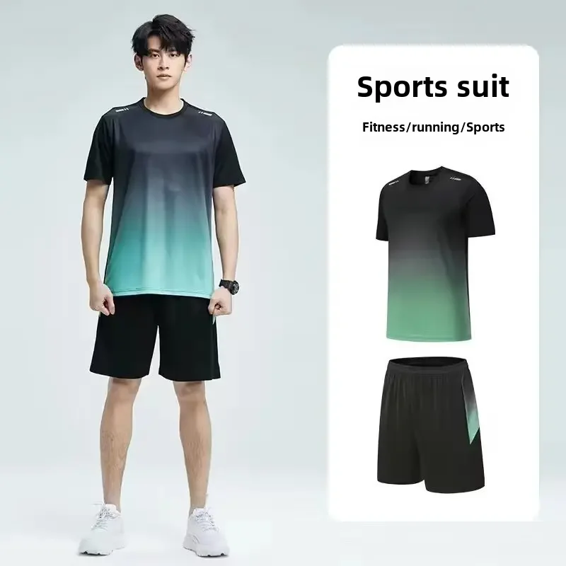 Men's Sports Suit Summer New Gradient Tie Short Sleeves T-shirt Ice Silk Quick Dry Shorts Running Fitness 2-piece Set