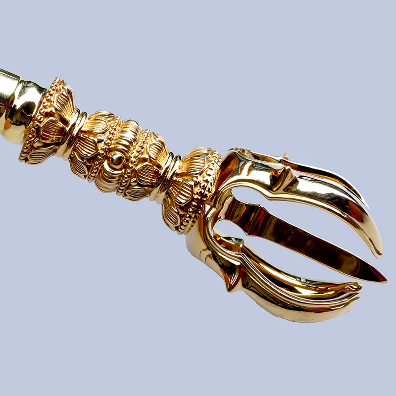 Brass Five Prong Buddhist Ritual Staff Khakkhara Decorative Altar Object for Collectors, Spiritual Ornament for Home Shrines