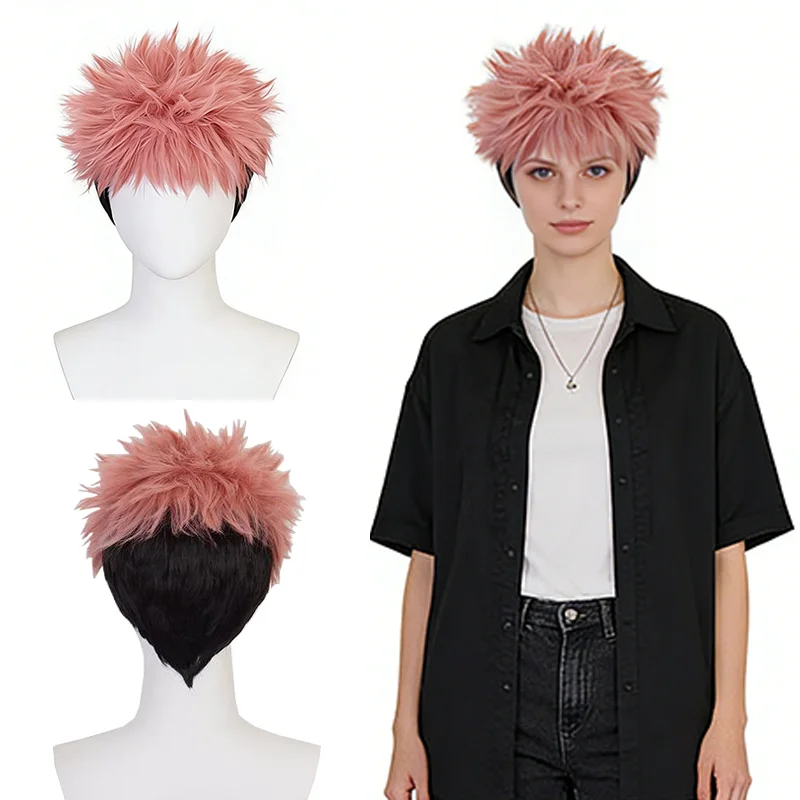 

Itadori Yuji Cosplay Wig Jujutsu Kaisen Pink Black Gradient Spiky Synthetic Heat Resistant Hair Universal for Halloween Party