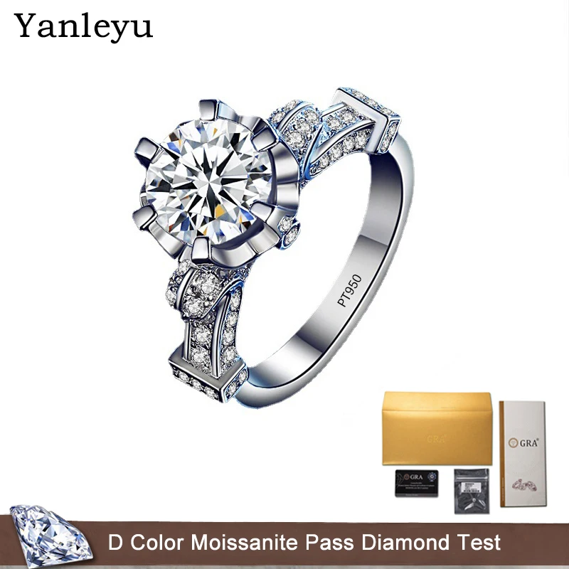 Yanleyu Passed Diamond Test Real D Color Moissanite Star Queen Ring Solid Platinum PT950 High Jewelry For Birthday Party