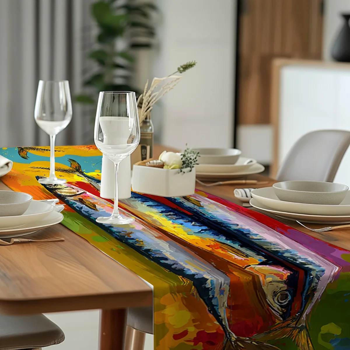 print table runner Abstract Mackerel Fish Colorful Style Table Flag dressing table flag for Kitchen & Home, Housewarming Gift
