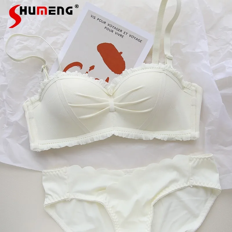 

Pleated Sweet Small Chest Push Up Bra Set Female Japanese Cute Underwear Brief Suits Lace Bra Set for Girls Without Underwire