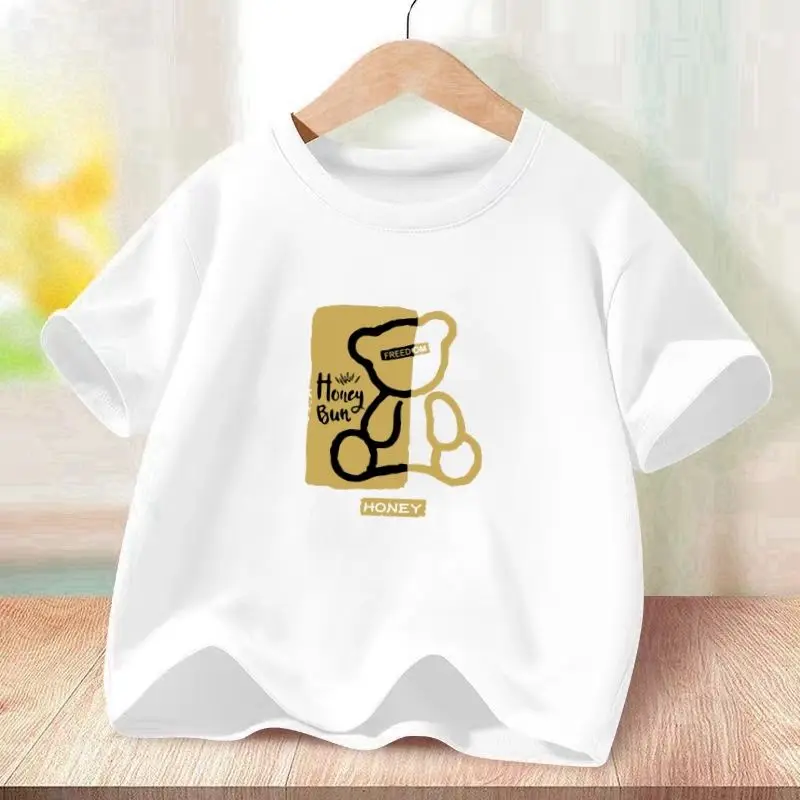 100_Cotton Boys Short Sleeve T-shirt Summer New Cartoon Print Trend Children's Big White Top Trend for Children