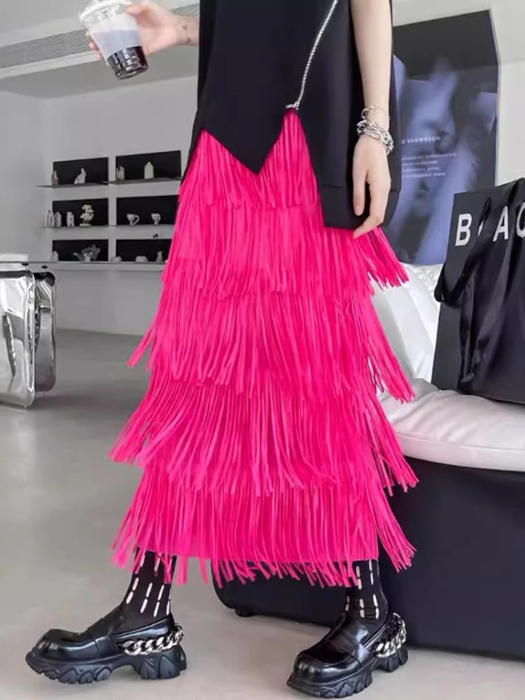 Bust skirt women's 2026 new new Hong Kong style solid color fringed cake skirt classic retro style medium and long skirt