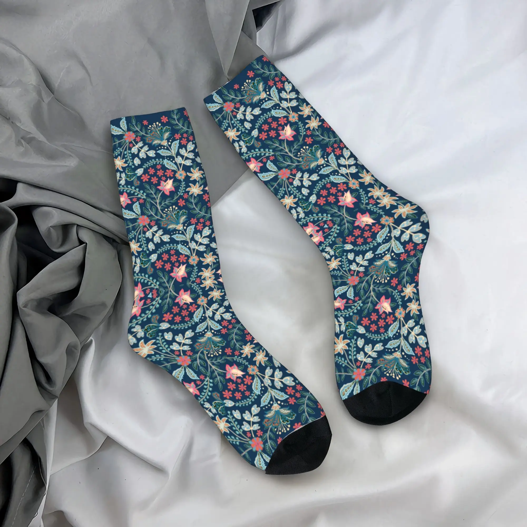 

Custom Mexican Summer Floral Blue Dress Socks Mens Womens Warm Funny Novelty Flower Pattern Crew Socks