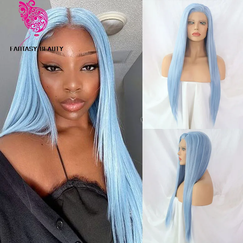 

Baby Blue Blonde Hair color Silky Straight Soft Long Synthetic Hair Wigs for Women Glueless 13x4 Transparent Lace Front Wigs