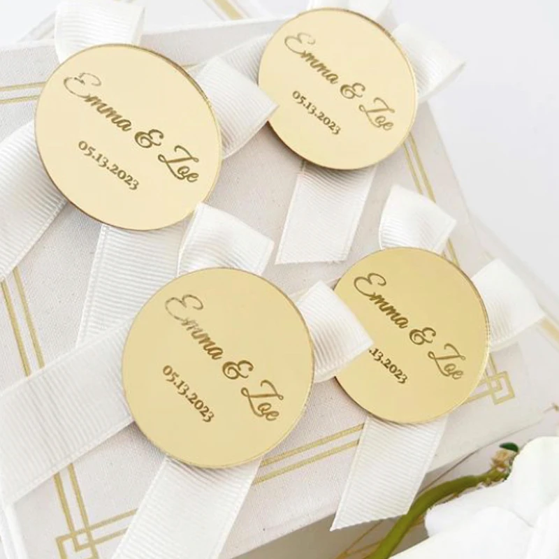 

50pcs Personalized Engraved Mirror Clear Acrylic Circle Wedding Table Centerpieces Decoration Favors Candy Box Tags