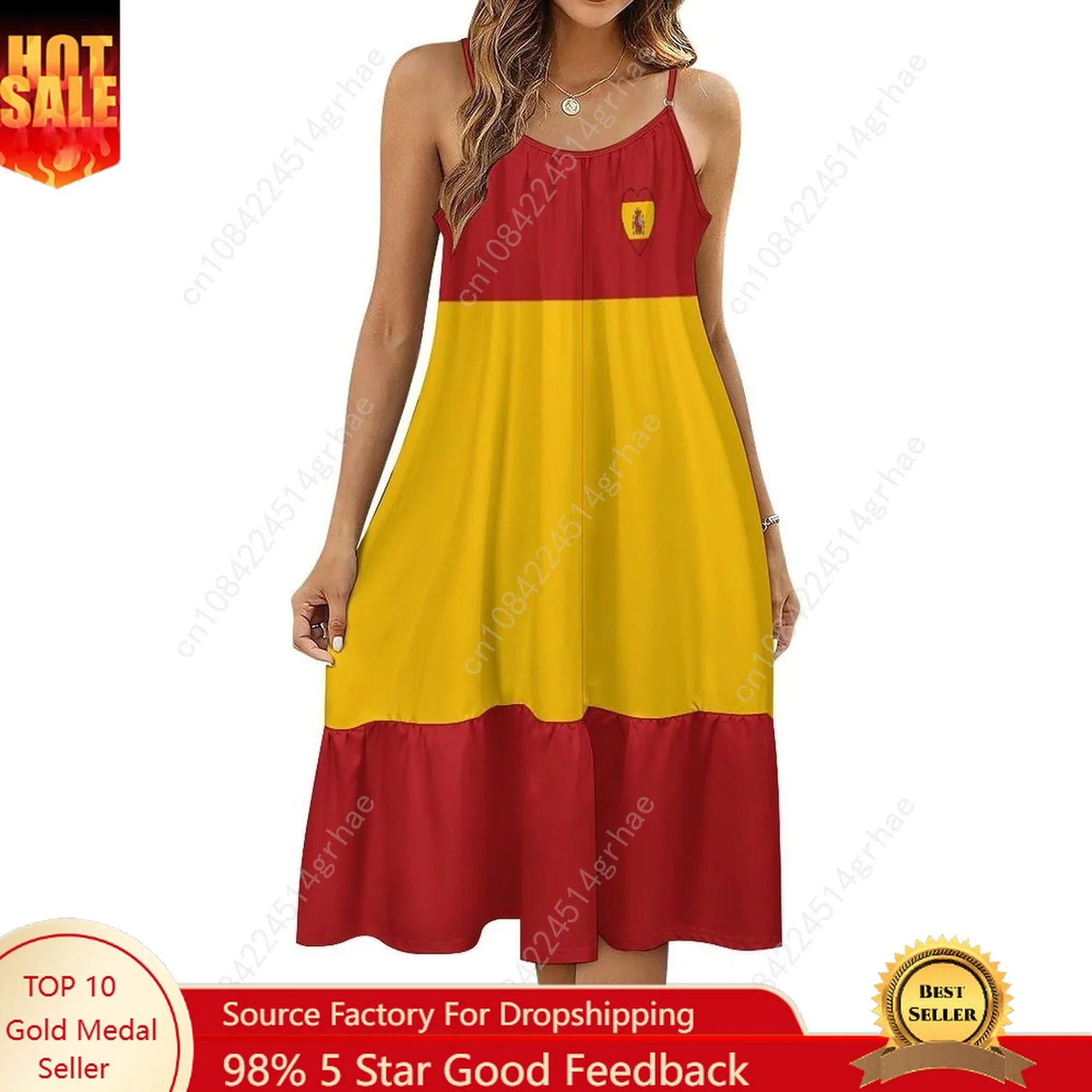 

Spain Flag Spanish Dress Woman Sexy Long Suspender Dresses Patchwork Sundress Soft Midi Dress
