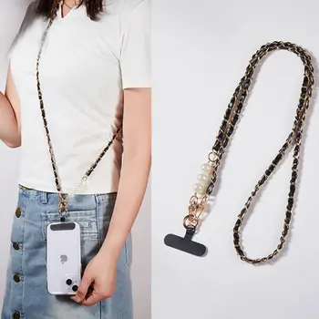 Šňůrka na telefon pro ženy s dlouhým koženým tkaným kovovým řetízkem s perlovým pouzdrem na telefon, univerzální šňůrka na telefon, diagonální křížová dekorace na tašku 10 nejlepší prodej Cordon telefon - №3