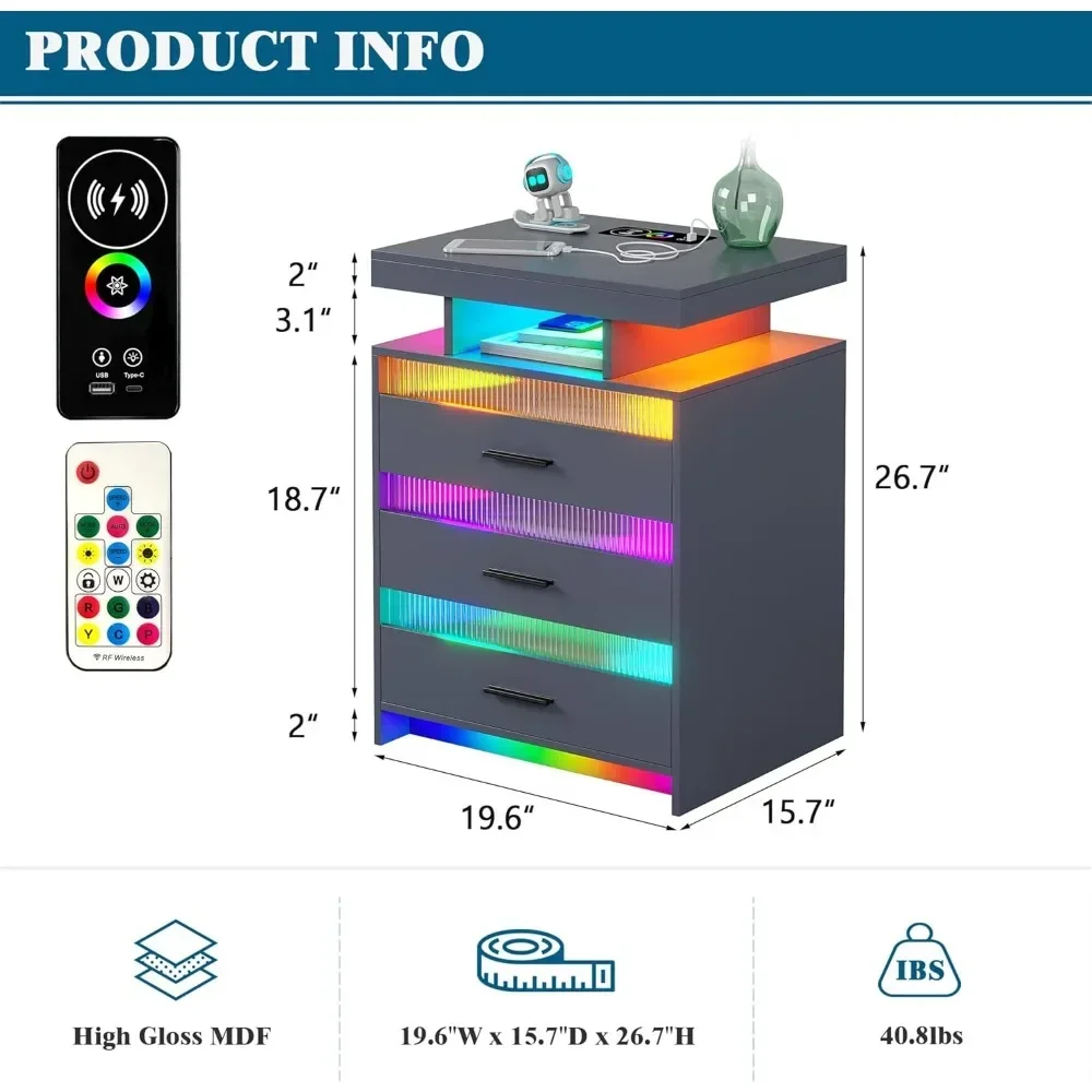 โต๊ะข้างเตียงชุด 2 ชิ้นพร้อม USB/Type-C/แท่นชาร์จไร้สาย ขาตั้งกลางคืนอัจฉริยะพร้อมลิ้นชัก 3 ลิ้นชัก LED โต๊ะข้างเตียง