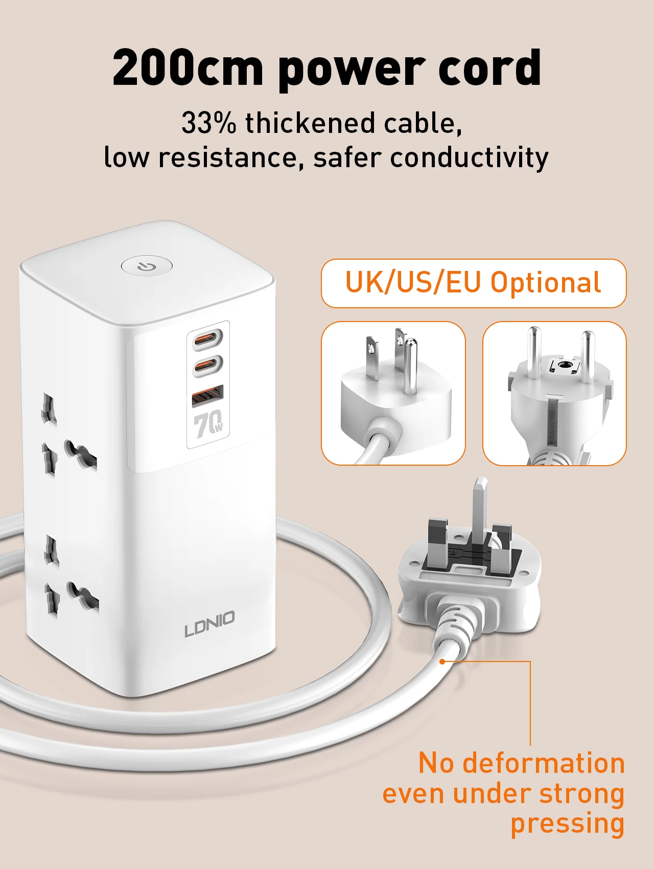 LDNIO 7 in 1 2500W Tower Extension Power Socket 70W Charging Station USB Power Strip 2 Outlets 2 USB-C USB-A Port Extension Cord