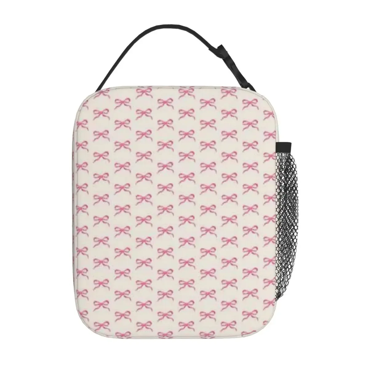 Bestselling Pink Small Watercolor Ribbon Bow Pattern Fruit Print School Lunch Bag Outdoor Picnic Neoprene Lunch Bag