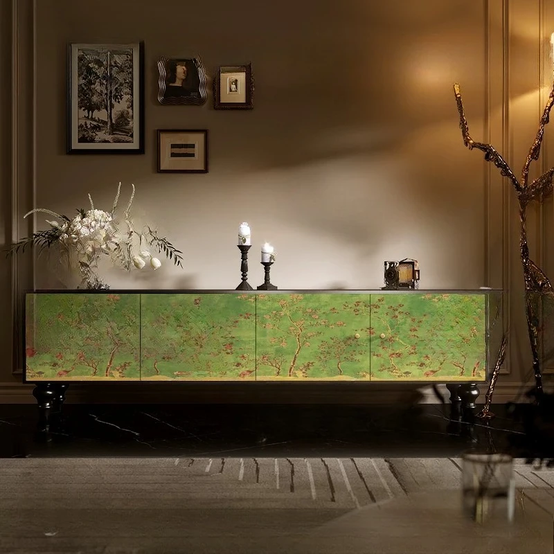 

French vintage solid wood TV cabinet, floral living room combination high-bar cabinet