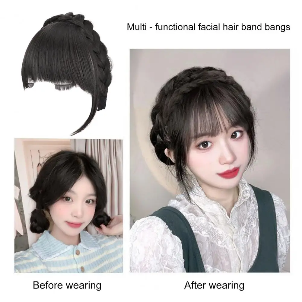 Girl Twist Headband With Bangs Fluffy Covering Hair Slits Natural Realistic Invisible Ultra Light Braided Headband Bangs Wig