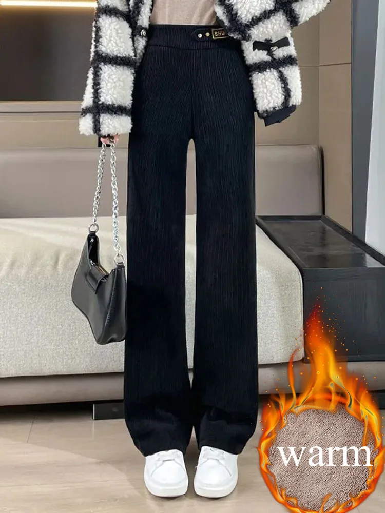Winter Warm Elastic High Waist Straight Pants Women Thicken Loose Fleece lined Wide Leg Pantalones Korean Casual Snow Wear Calca