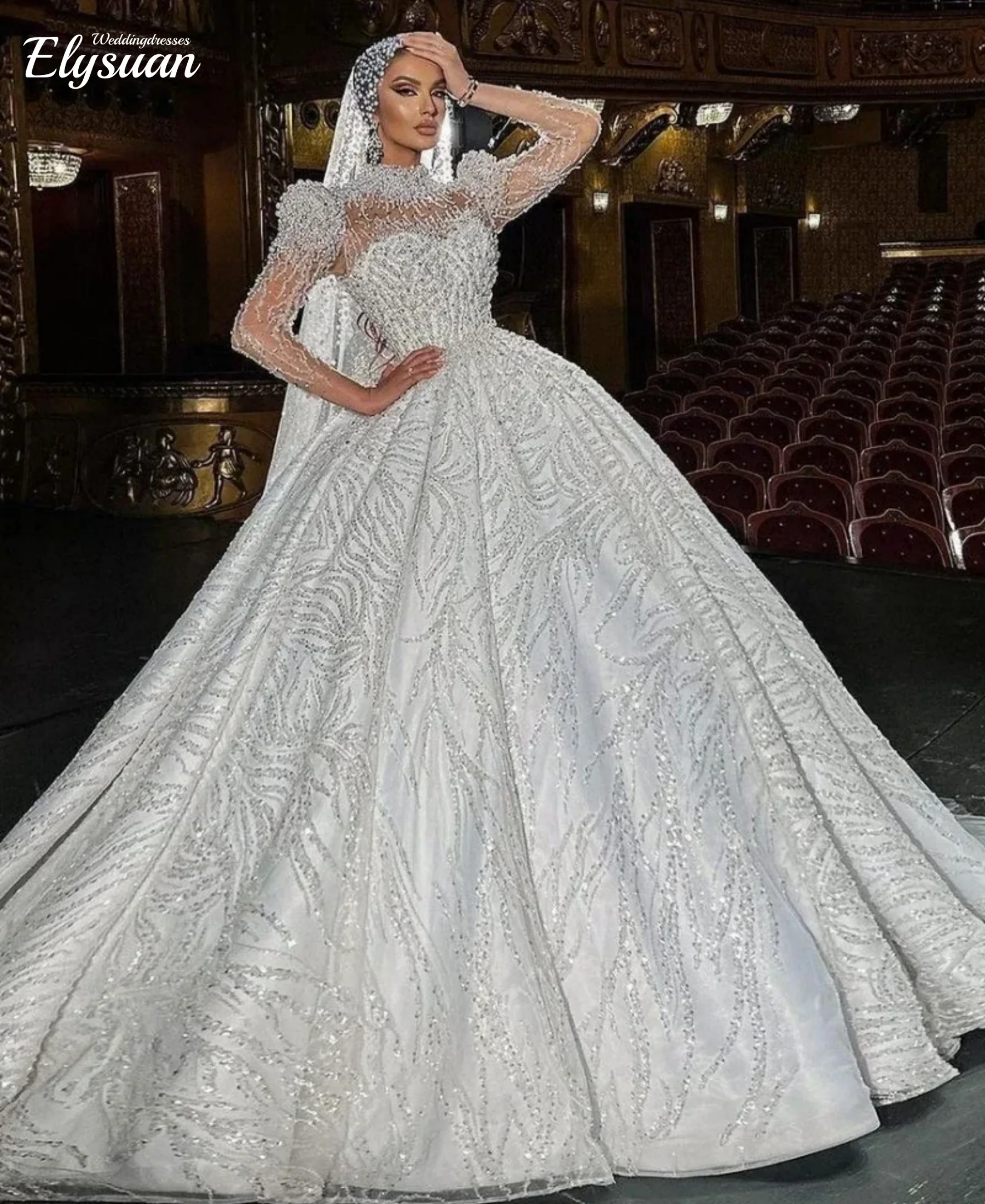 

Customized Muslim High Collar Long Sleeve Wedding Dress Luxury Beads Pearls Bridal Gown Ball Gowns For Bride Vestidos De Novia