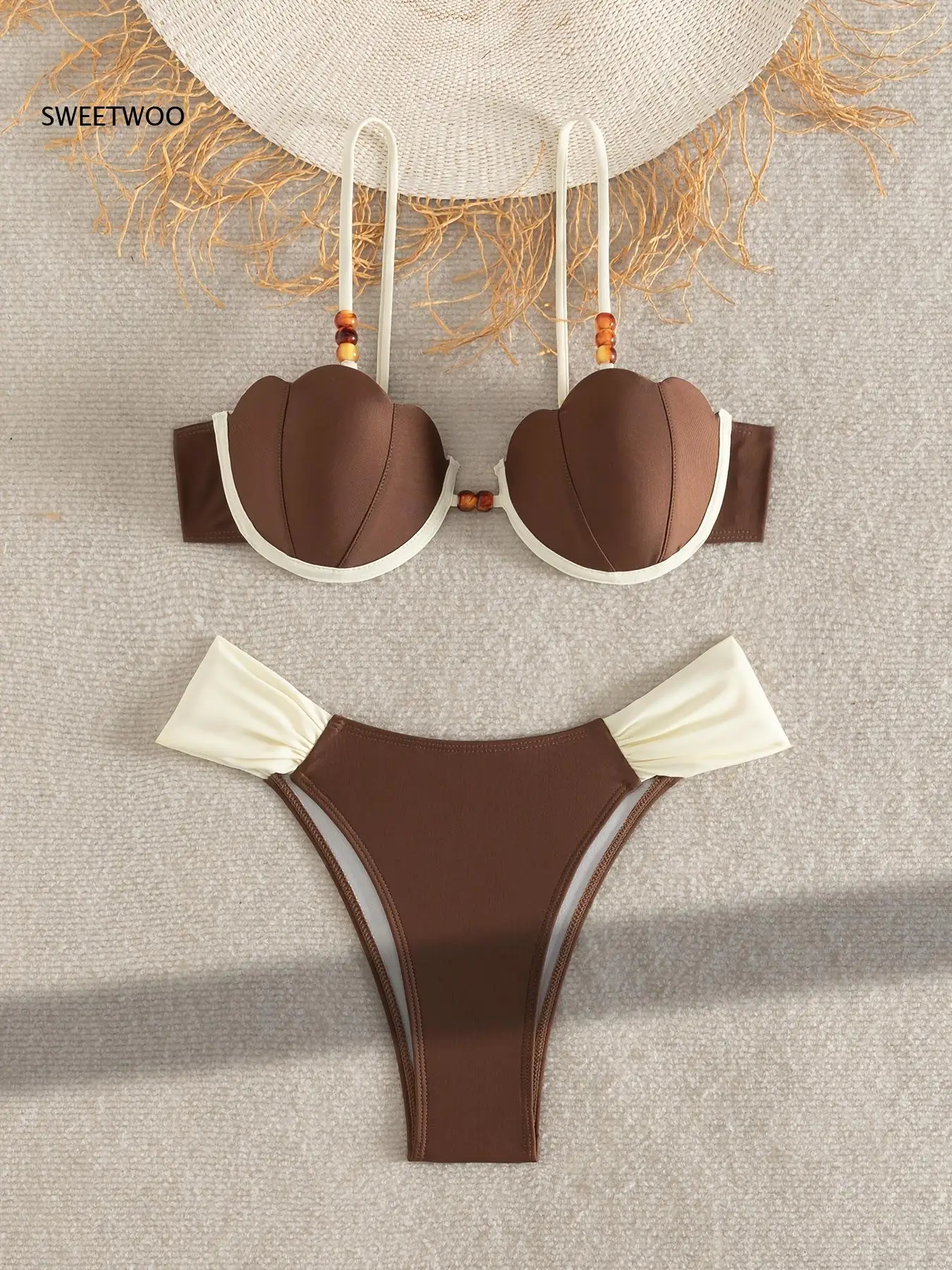Women's Retro Color Block Bikini Set with Scalloped Underwire Top and High Cut Bottom, Vintage Style Two-Piece Swimsuit