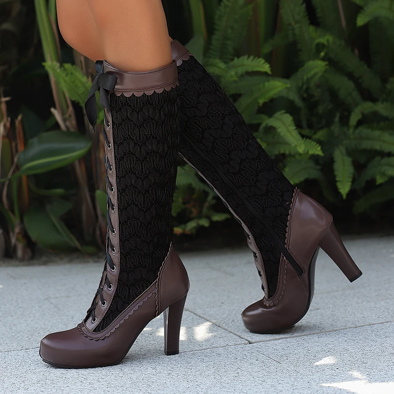 Women Lolita Victorian Boots Spike Heels Knee High Booties Lace Up Cosplay Character Medieval Renaissanc Dance Kawaii Witch Shoe
