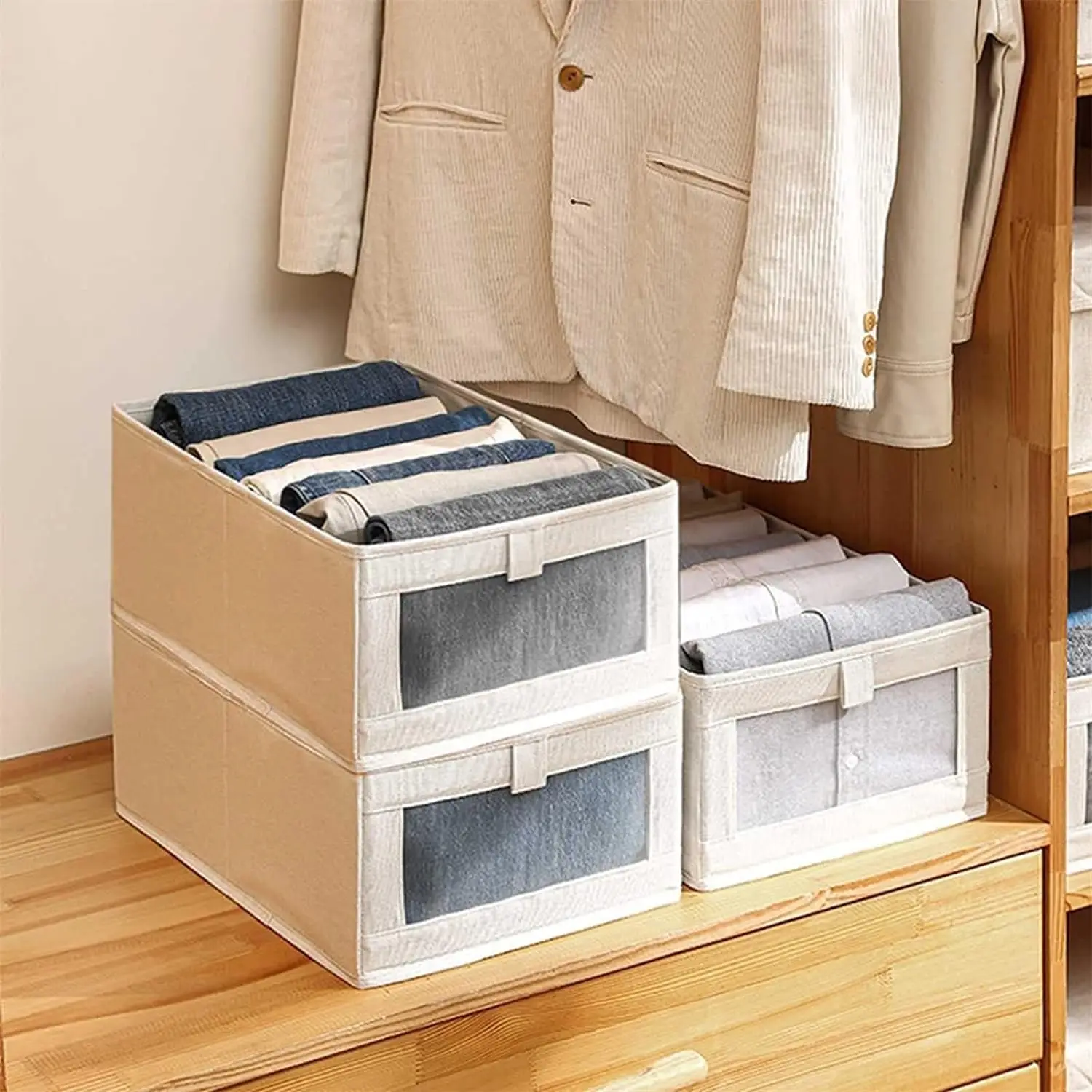 5Pcs Visual Window Cotton Linen Storage Box Wardrobe Pants Clothing Storage Organization Box Foldable Fabric Storage Box