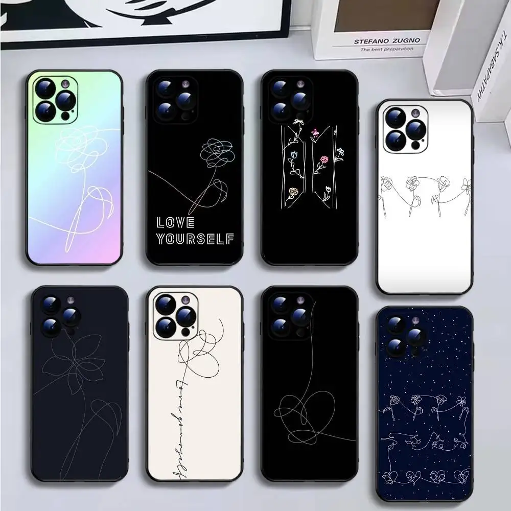 

Love Yourself Flower Heart Line Phone Case For iPhone16,15,14,13,12,11 Plus,Pro Max,XS,X,XR,SE,Mini,8,7,Soft Black Cover