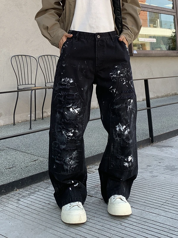

Модные джинсы с граффити и эффектом потертости, мужские свободные прямые брюки в американском уличном стиле, с дырками, широкие штанины, модные городские повседневные хлопковые брюки