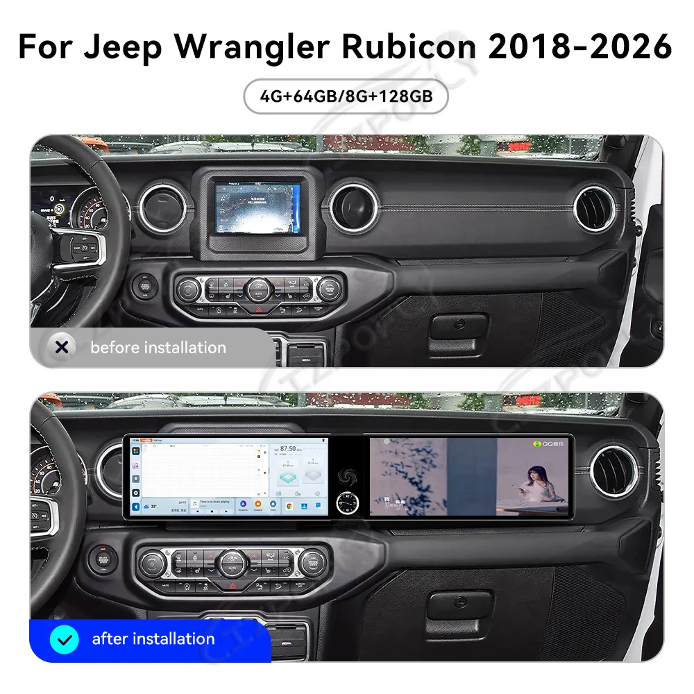 Dual 12.3 Inch Car Stereo for Jeep Wrangler Rubicon 2018–2026, Wireless Carplay & Android Auto GPS Navigation Touchscreen Radio