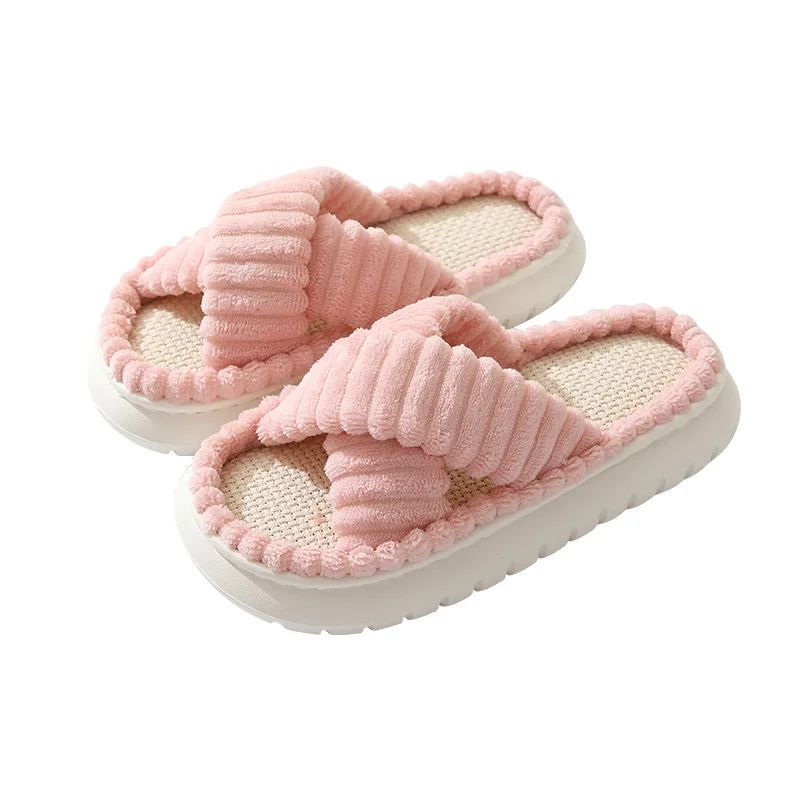 2024 Autumn Winter New Women Home Slippers Open-Toe Cross Band Linen Soled Indoor Slides Linen Soled Non-Slip Bathroom Slippers