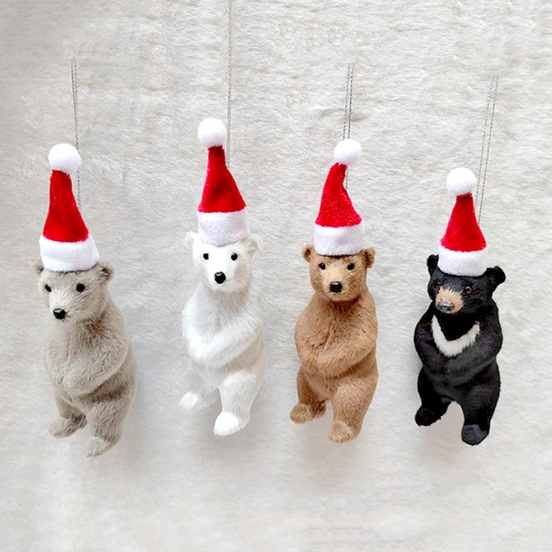 1Pcs Polar Bear Christmas Pendant Simulation Plastic Plush Santa Hat Bear Dolls Hanging Ornaments For Xmas Tree Decor Kids Gifts