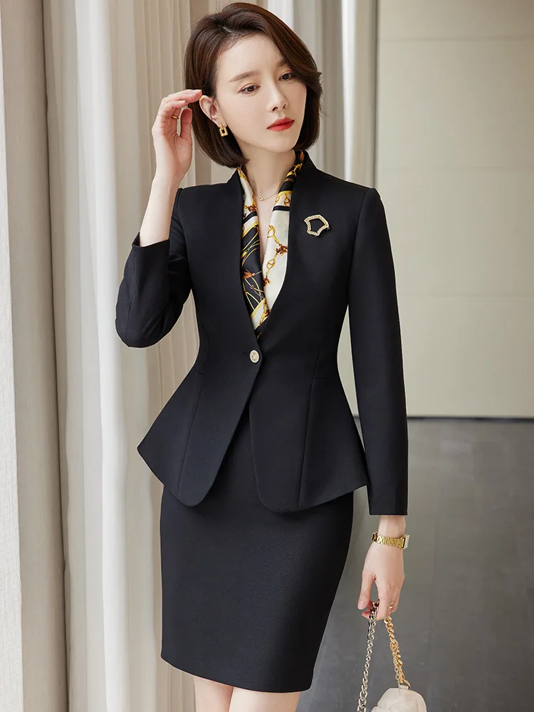Slim 2 Piece Sets for Women 2024 Fashion Office Ladies Long Sleeve V Neck Single Button Blazers With Scarves Chic Skirt Suits