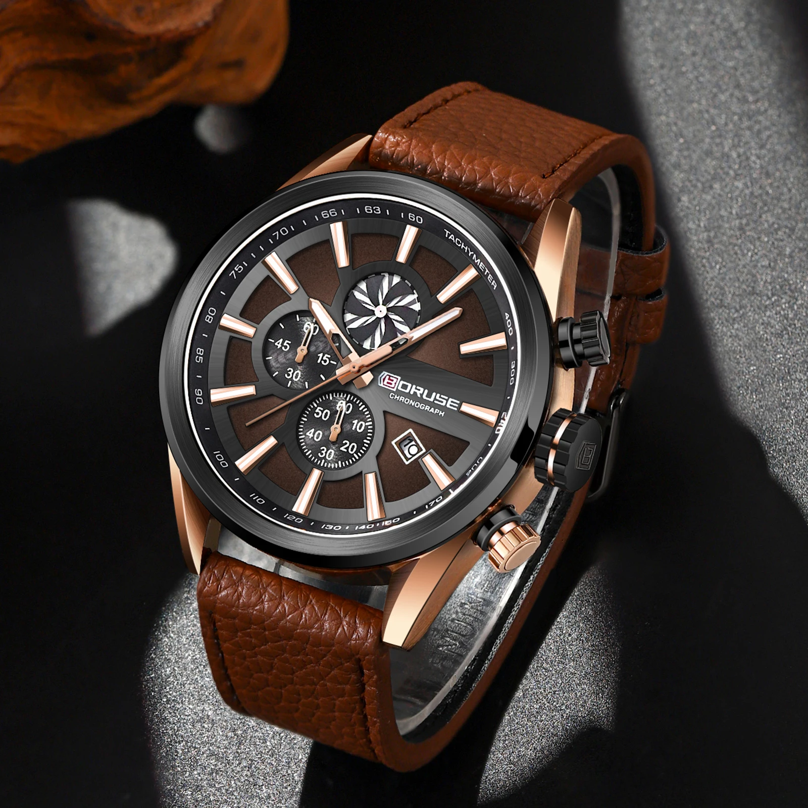 BORUSE Luxury Brand Men Sports Watch Male Casual Brown Leather Strap Date Wristwatches Men\'s Quartz Watches Relogio Masculino