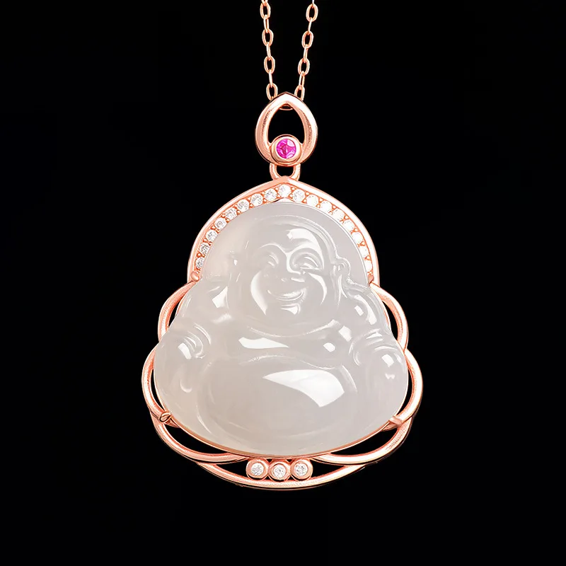 

Genuine Vintage Hetian Jade Buddha Pendant S925 Silver Necklace for Women - Laughing Buddha Jewelry