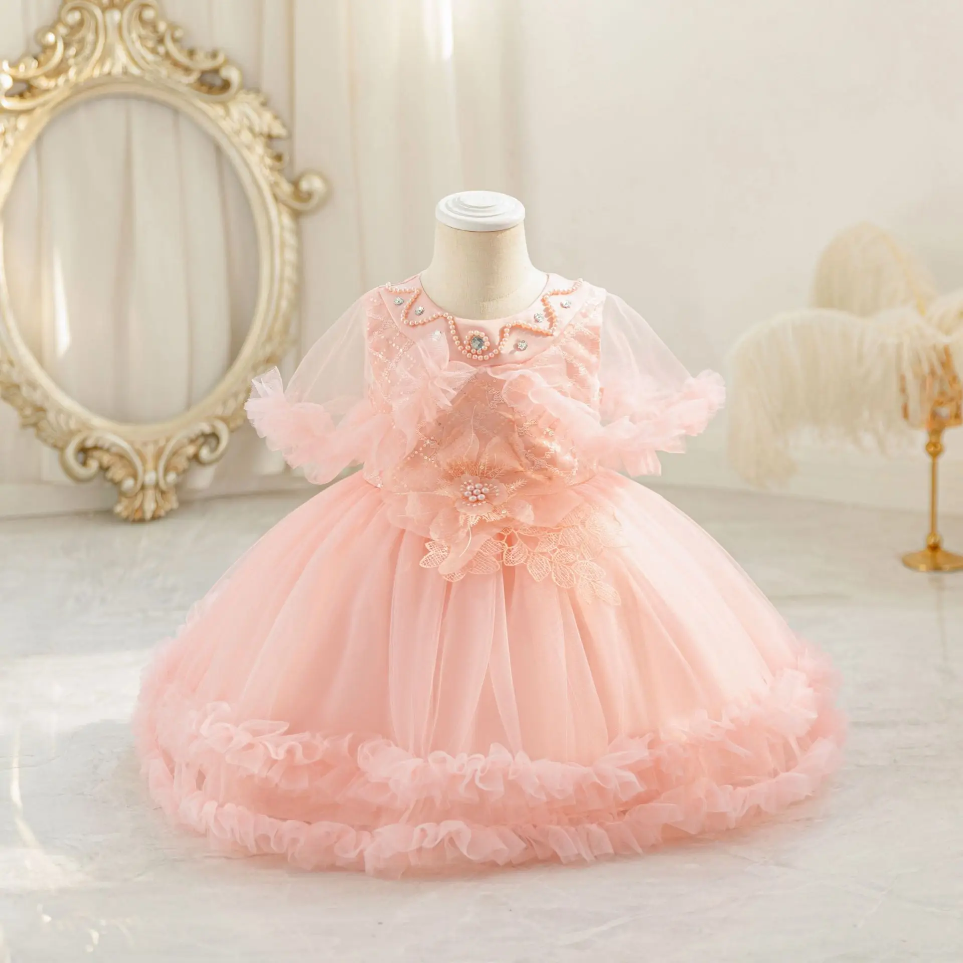 Kid's Princess Party Ball Gown Beading Lace  Baby Fashion Yarn Dress 0-4Y Wedding banquet host fashion high-end performance Gown
