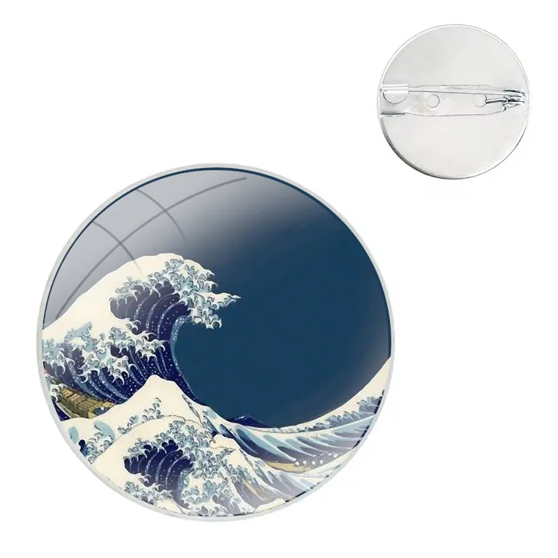 Glass Dome Brooches Shirt Lapel Bag Cute Badge Pins For Clothes Hat Accessories japan great wave