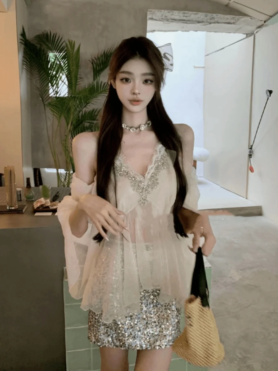 

Ele Lace Splice oulder Long Sve irt Women's Summer New Sle Commute Simple Design Diamond Embellied Top