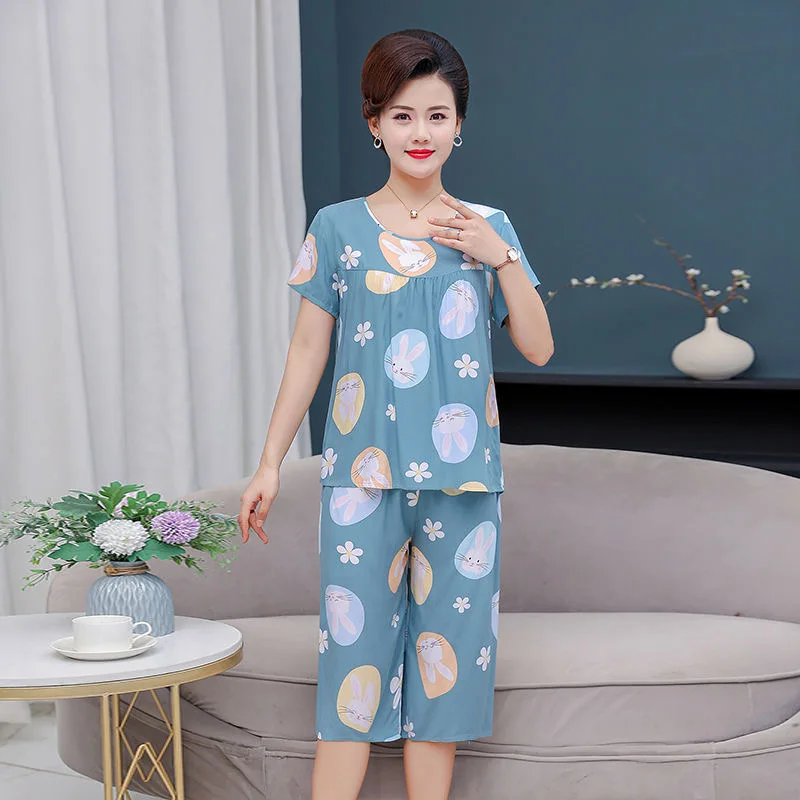 Middle Aged Mother Sleeping Pajamas For Women 2 Piece Set Outfit Round Neck Suit Summer Short Sleeve Sleepwear T-shirt Two-piece