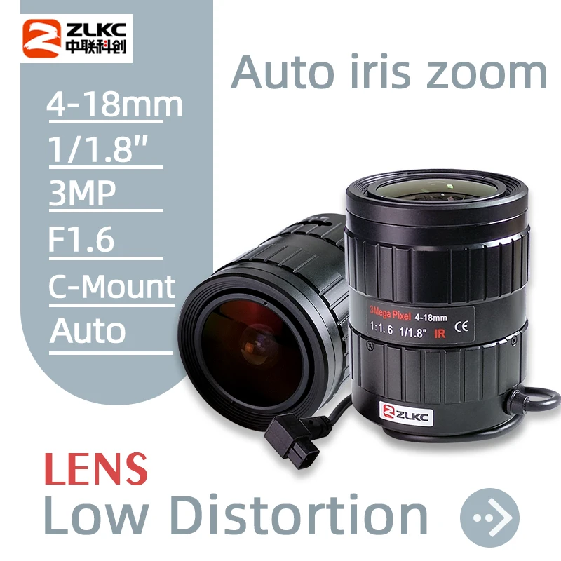 

ZLKC 4-18mm Varifocal IR Lens 1/1.8'' C Mount CCTV Lens Auto Iris Zoom F1.6 Aperture 3MP for 4k Surveillance Cameras