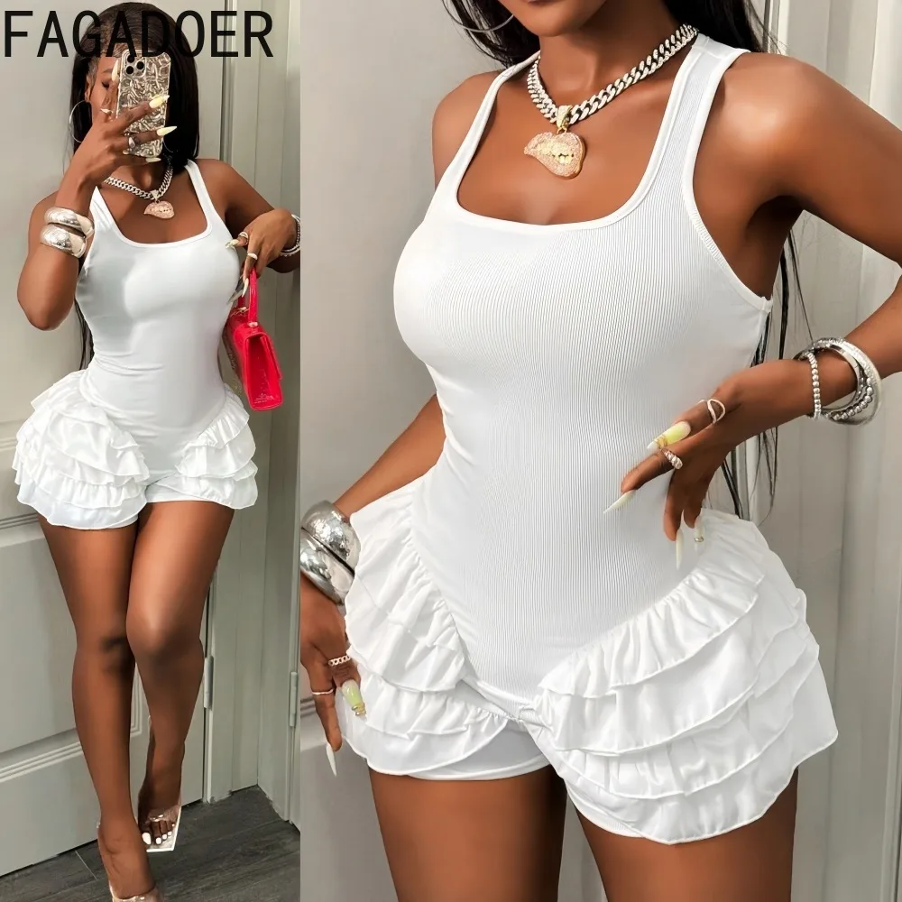 

FAGADOER Sexy Ribbing Bodycon Rompers Women Sleeveless Backless Ruffles Patchwork Jumpsuits Female Streetwear Overalls 2025 New