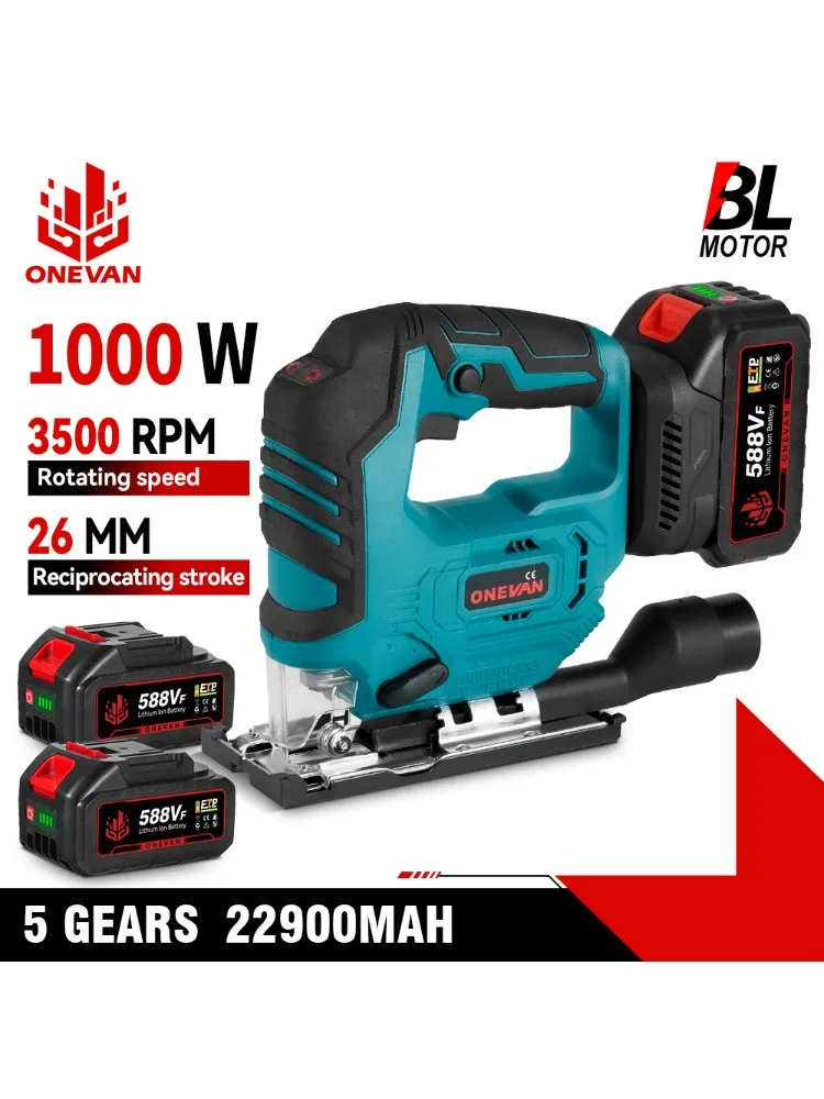 ONEVAN 26mm 3500 RPM Borstelloze Elektrische Decoupeerzaag 1000 W Multifunctionele 3 Variabele Snelheid Houtbewerking Tool Voor Makita 18 V Batterij pin - afbeelding 2