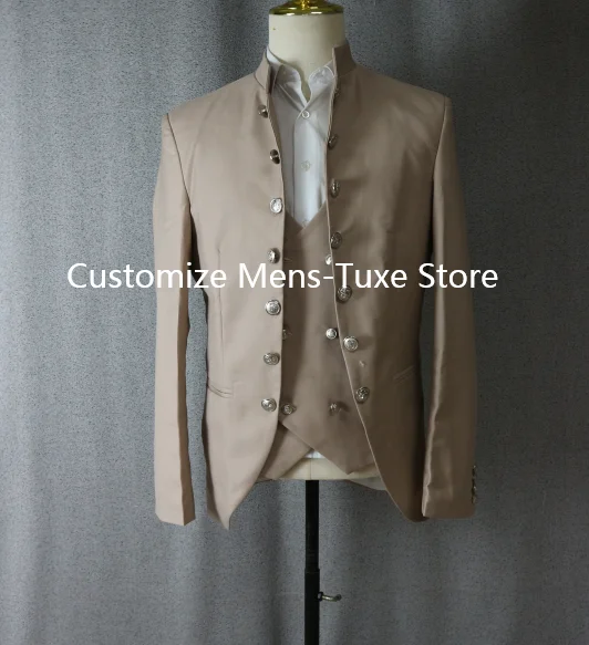 Beige Suits for Men 3 Piece  Stand Collar Double Breasted Male Suit Slim Fit Causal Formal Elegant Groom Wedding Tuxedo